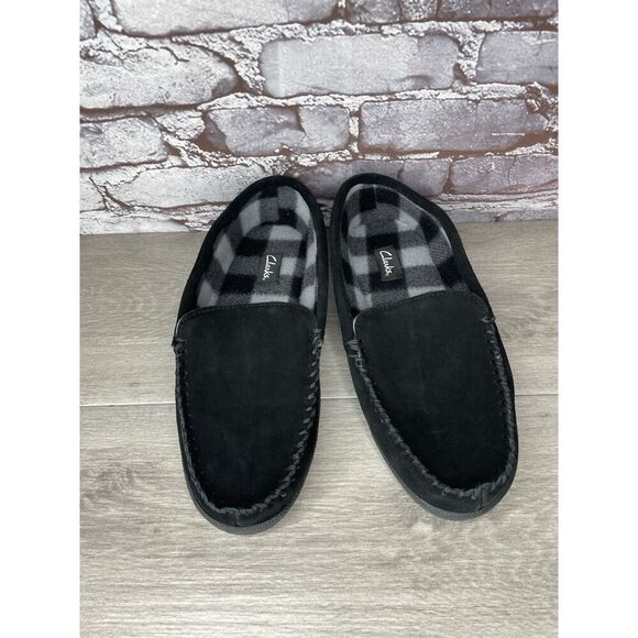 Clarks Venetian Black Suede Fur Lined Slip On Loafer Moccasin Slippers Men’s 10M - Picture 14 of 16